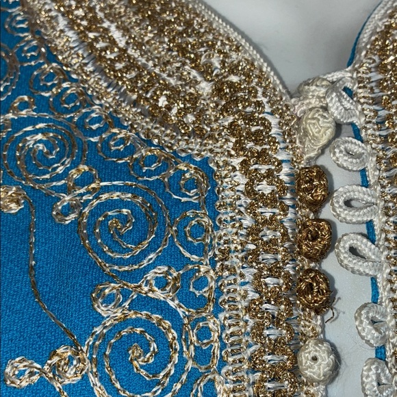 Elegant turquoise Kaftan/robe, elaborate & gold white embroidery Trophy Vintage! - Picture 9 of 17